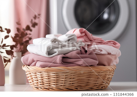 A laundry basket with a pile of folded towels next to a washing machine. Washing machine and basket in a laundry room 131844366