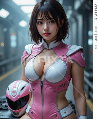 身穿粉白色服裝的戰隊女主角戴著頭盔站在一旁 131844482