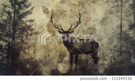 Deer in forest.  Wild red deer in nature at sunset 131844538