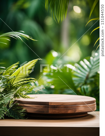 Wooden product display podium for cosmetic product with green nature  background 131844550
