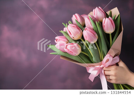 Pink tulips with gift. Mothers Day, Valentines Day, Birthday 131844554