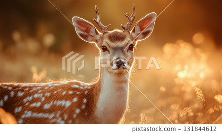 Deer in forest.  Wild red deer in nature at sunset 131844612