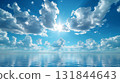 Blue sky over calm sea. Blue sea and sunny sky on horizon over calm water 131844643