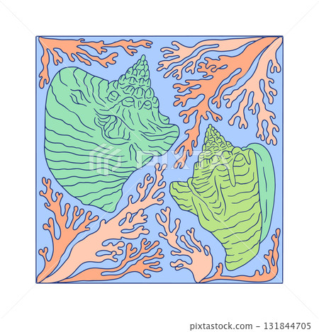 Art nouveau pastel conch shells in frame of seaweed or corals hand drawn vector illustration Art nouveau pastel conch shells in frame of seaweed or corals hand drawn vector illustration 131844705