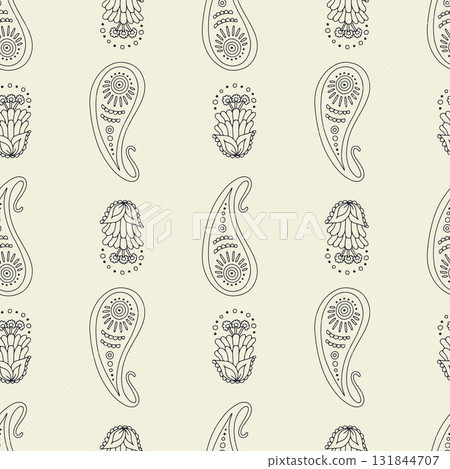 Hand drawn black and white intricate line art Paisley seamless pattern on bright background 131844707