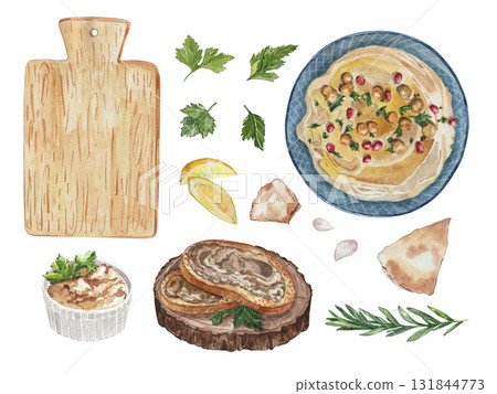 Watercolor hearty snack with pate sandwich, creamy hummus, bread, pate, lemon, parsley, rosemary 131844773
