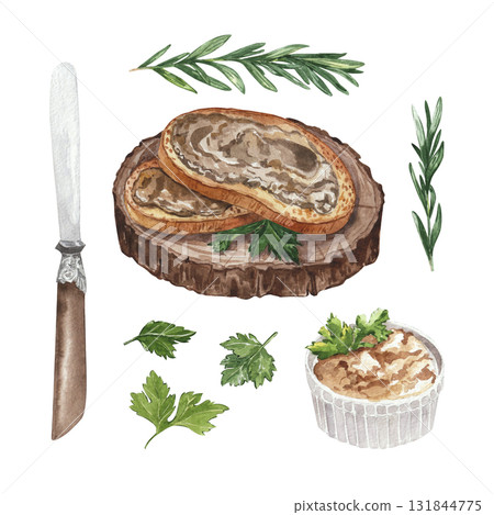 Breakfast set. Sandwich with pate on wood slice, knife, pate and parsley, rosemary. Watercolor illustration 131844775