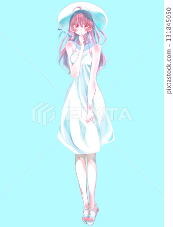 A shy woman in a dress and a hat A shy woman in a dress and a hat 131845050