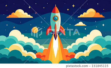 A rocket launch depicted in flat shapes and a retro-modern space aesthetic: "AI-generated imagery" 131845115