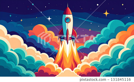 A simple, mid-century AI-generated image of a rocket and flames rising into a starry night sky. 131845116