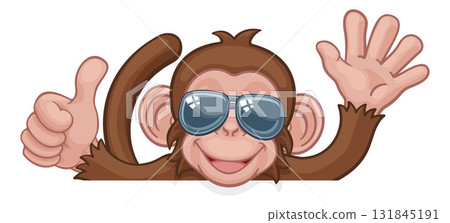 Monkey Sunglasses Thumbs Up Waving Sign Cartoon Monkey Sunglasses Thumbs Up Waving Sign Cartoon 131845191