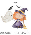 Watercolor illustration of a little witch with cute ghost 131845206