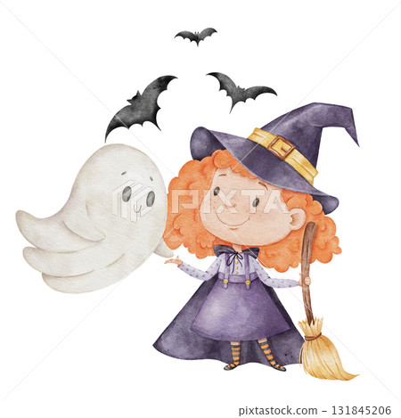 Watercolor illustration of a little witch with cute ghost Watercolor illustration of a little witch with cute ghost 131845206