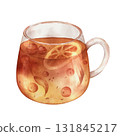 Watercolor illustration of a glass cup with tea  131845217
