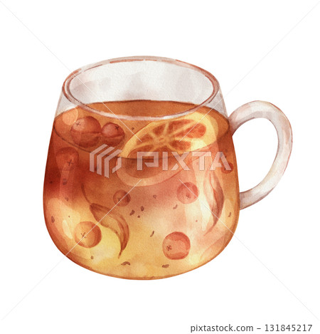Watercolor illustration of a glass cup with tea  131845217