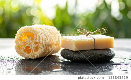Natural sponge and handmade soap bar resting on a stone surface with water droplets and green leaves in the background, symbolizing eco-friendly skincare, spa relaxation, and self-care rituals 131845219