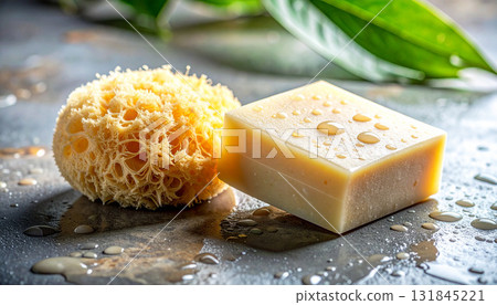 Natural sponge and handmade soap bar resting on a stone surface with water droplets and green leaves in the background, symbolizing eco-friendly skincare, spa relaxation, and self-care rituals 131845221