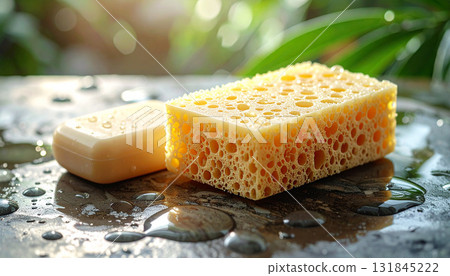 Natural sponge and handmade soap bar resting on a stone surface with water droplets and green leaves in the background, symbolizing eco-friendly skincare, spa relaxation, and self-care rituals 131845222