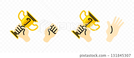 Hands holding golden trophy or prize cup, graphic design. Victory, achievement, celebration, success and recognition, vector design and illustration 131845307