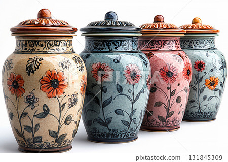 Light natural colors. Ceramic containers with lid for storing groceries in a cottage style on a white background. Light natural colors. Ceramic containers with lid for storing groceries in a cottage style on a white background. 131845309