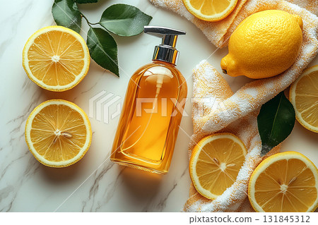 Aesthetic space. Minimalist flat lay cleaning concept. Single spray bottle, microfiber cloth and lemon on a white marble background. 131845312