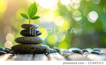 Stack of smooth river stones balanced in harmony with a small green plant sprouting on top, symbolizing growth, mindfulness, and balance in nature. Soft bokeh background creates a peaceful, zen 131845313
