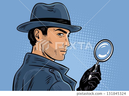 Male detective portrait with magnifying glass pop art profile 131845324