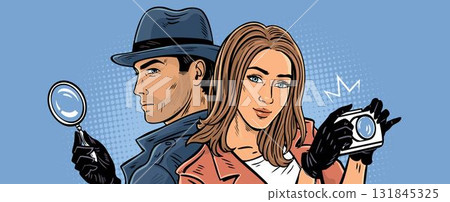 Detective duo banner woman with camera and man with magnifier 131845325
