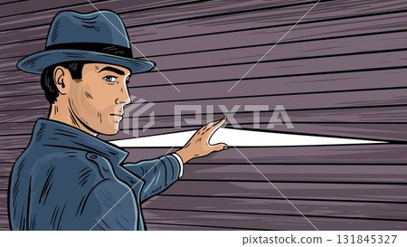 Detective peeking through shutters pop art banner 131845327
