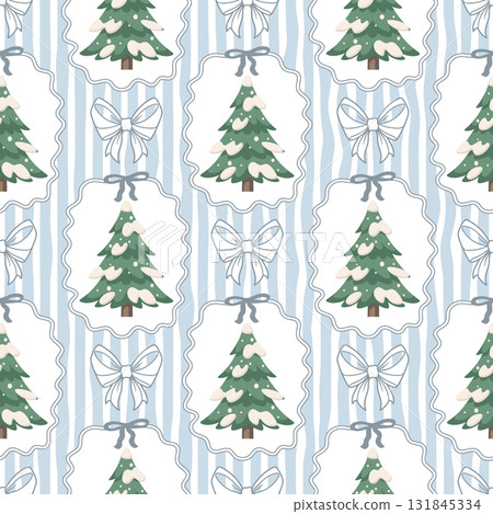 Seamless pattern with festive winter Christmas trees in snow and bows. Retro background. 131845334