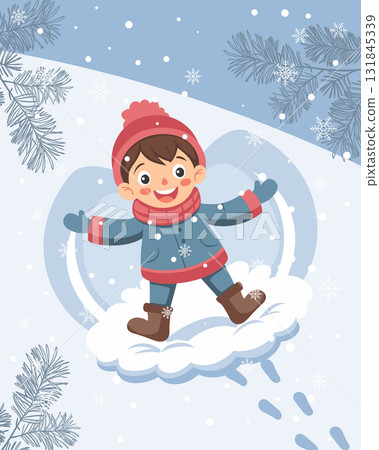 Happy child making a snow angel. Cute little boy playing with snow. Winter season illustration. Happy child making a snow angel. Cute little boy playing with snow. Winter season illustration. 131845339