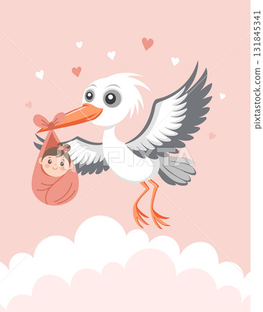 Sweet stork delivering a newborn baby girl. Baby shower, Invitation, announcement card. 131845341