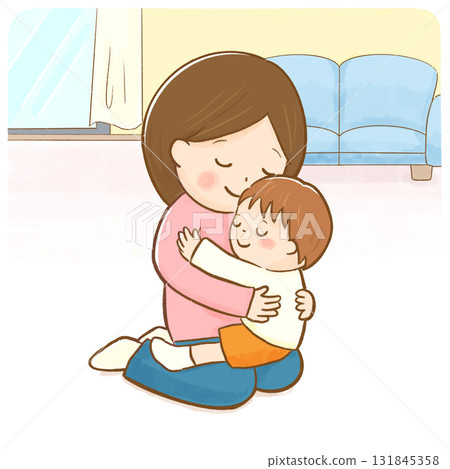 Illustration of a parent and child hugging with eyes closed and a peaceful expression (living room) / mother and child on lap Illustration of a parent and child hugging with eyes closed and a peaceful expression (living room) / mother and child on lap 131845358
