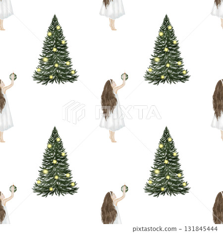 Christmas tree watercolor seamless pattern. Hand-drawn trees. Perfect for printing on fabrics and Christmas textiles. Christmas tree watercolor seamless pattern. Hand-drawn trees. Perfect for printing on fabrics and Christmas textiles. 131845444