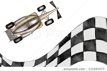 Race car and the track watercolor illustration. Race car in pastel colors with balloons on a white background. Ideal for children's textiles, stickers and baby shower design for boys 131845477