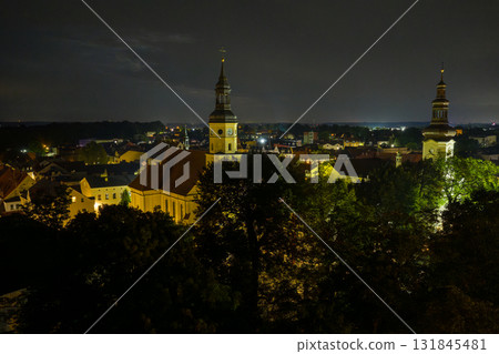 Night view from a drone of Pszczyna old town 131845481