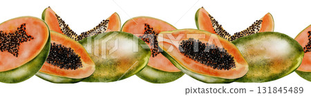 Papaya watercolor seamless border. Hand drawn ripe tropical fruit on white background. Ideal for cosmetics and product packaging 131845489