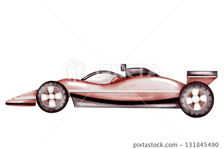 Race car watercolor illustration. Race car in pastel pink colors on a white background. Ideal for children's textiles, stickers and baby shower design for boys 131845490
