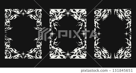 Neo tribal flame frame design. Stylish neo tribal flame frame design with white fire shapes on black background. Perfect for tattoo frame, poster border, or modern decorative artwork. Neo tribal flame frame design. Stylish neo tribal flame frame design with white fire shapes on black background. Perfect for tattoo frame, poster border, or modern decorative artwork. 131845651