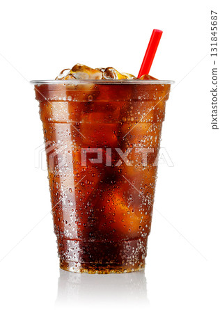 Iced cola in fogged disposable plastic cup with straw isolated on white background 131845687