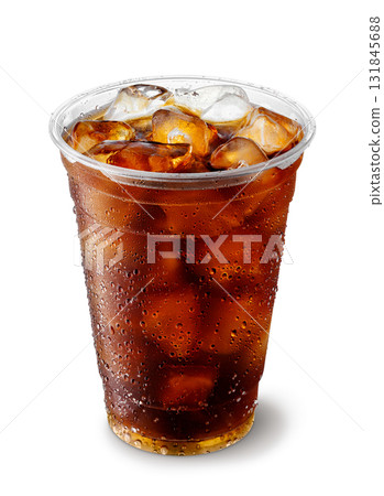 Iced cola in misted disposable plastic cup isolated on white background Iced cola in misted disposable plastic cup isolated on white background 131845688