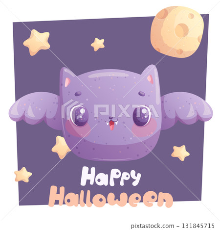 Halloween greeting card design. Cute bat on the background of the night sky. Cartoon children's vector illustration for the design of postcards, postcards for printing, postcards, posters, banners Halloween greeting card design. Cute bat on the background of the night sky. Cartoon children's vector illustration for the design of postcards, postcards for printing, postcards, posters, banners 131845715