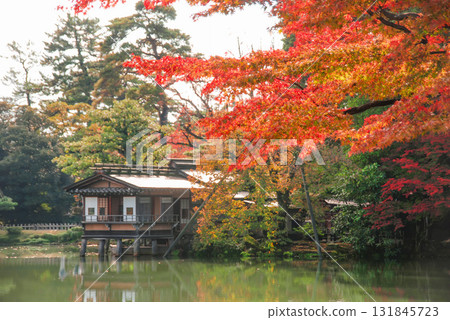 Kanazawa Kenrokuen Garden: Autumn leaves and Uchihashi-tei, Kishin lanterns standing on the banks of Kasumigaike Pond, and a charming garden landscape Kanazawa Kenrokuen Garden: Autumn leaves and Uchihashi-tei, Kishin lanterns standing on the banks of Kasumigaike Pond, and a charming garden landscape 131845723