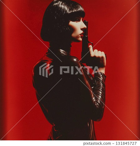 Portrait of a woman standing against a red background | Action art image with cinematic light and a retro feel 131845727