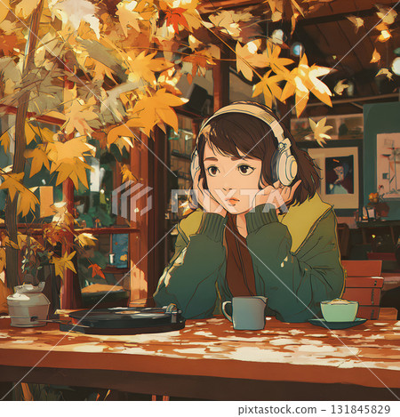 Relax and listen to lo-fi hip hop at a cafe surrounded by autumn leaves. Anime girl listening to music on her headphones, good for lo-fi music background. Relax and listen to lo-fi hip hop at a cafe surrounded by autumn leaves. Anime girl listening to music on her headphones, good for lo-fi music background. 131845829