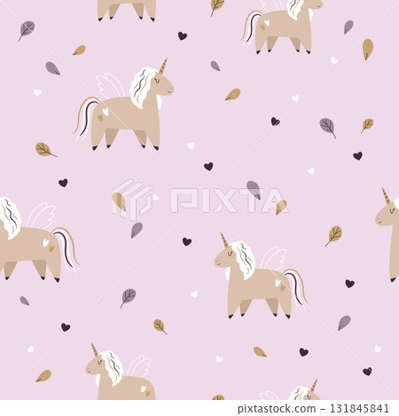 Cute Winged Unicorn Seamless Pattern on Pink Background, Adorable Baby Illustration for Kids Cute Winged Unicorn Seamless Pattern on Pink Background, Adorable Baby Illustration for Kids 131845841