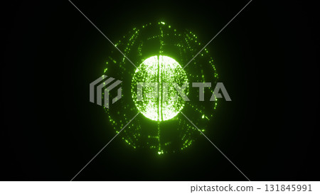 Abstract green glowing sphere made of digital particles and lines floating in dark space 131845991
