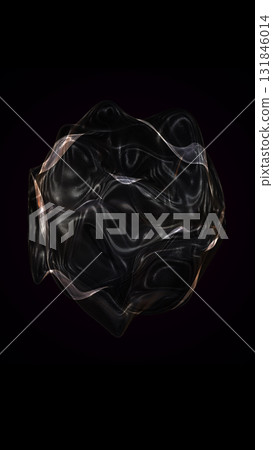 Dark abstract 3D form resembling a crystal or fluid sculpture with metallic reflections 131846014