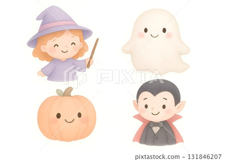 Cute pastel Halloween set with smiling witch girl, ghost, pumpkin Cute pastel Halloween set with smiling witch girl, ghost, pumpkin 131846207