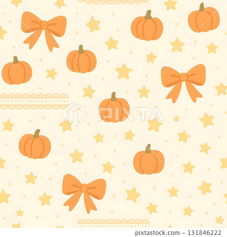 Cute seamless pattern with orange pumpkins, bows, stars and dots on a cream background 131846222